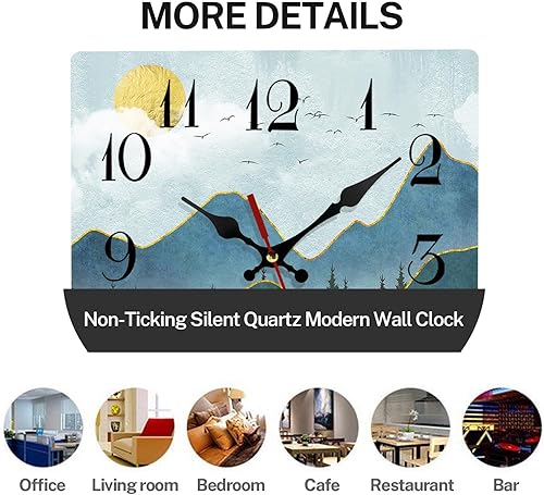 Miniatura 5 de ArtSocket Reloj de pared de madera Green Mountain, silencioso, sin tictac, estilo bohemio, de mediados de siglo, sol, paisaje, bosque, cuadrado,