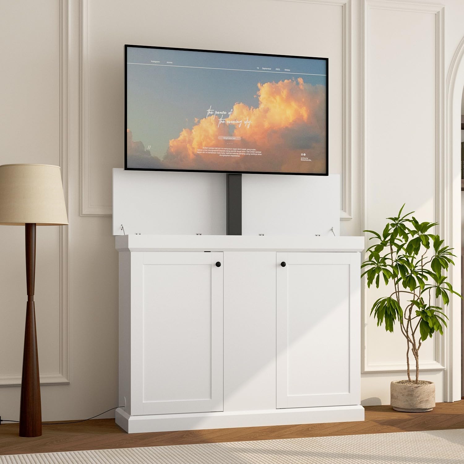 Tall White Motorized TV Lift Cabinets for Living Room, Modern Hidden 50 inch TV Lift Stand Cabinet, Large Entertainment Mdeia Center with Storage and Height Adjustable Wall Mount for Bedroom