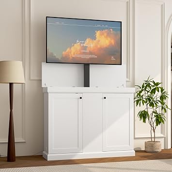 Timechee Tall White Motorized TV Lift Cabinets for Living Room, Modern Hidden 50 inch TV Lift Stand Cabinet, Large Entertainment Mdeia Center with Storage and Height Adjustable Wall Mount for Bedroom