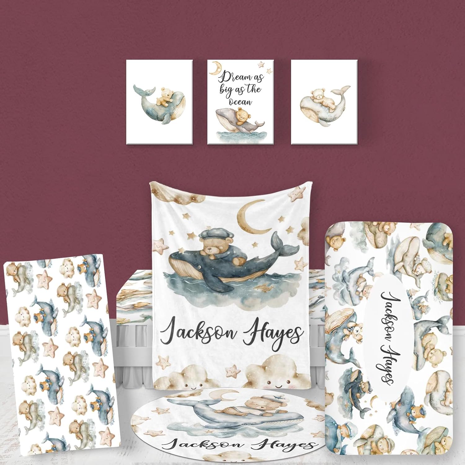 Custom Baby Crib Bedding Set, 5 Pcs Personalized Bear and Whale Bedding Set with Name, Soft Blanket Fitted Sheet Pad Cover Rug for Girls Boys New Parents Baby Shower Toddlers Gifts Nursery Decor