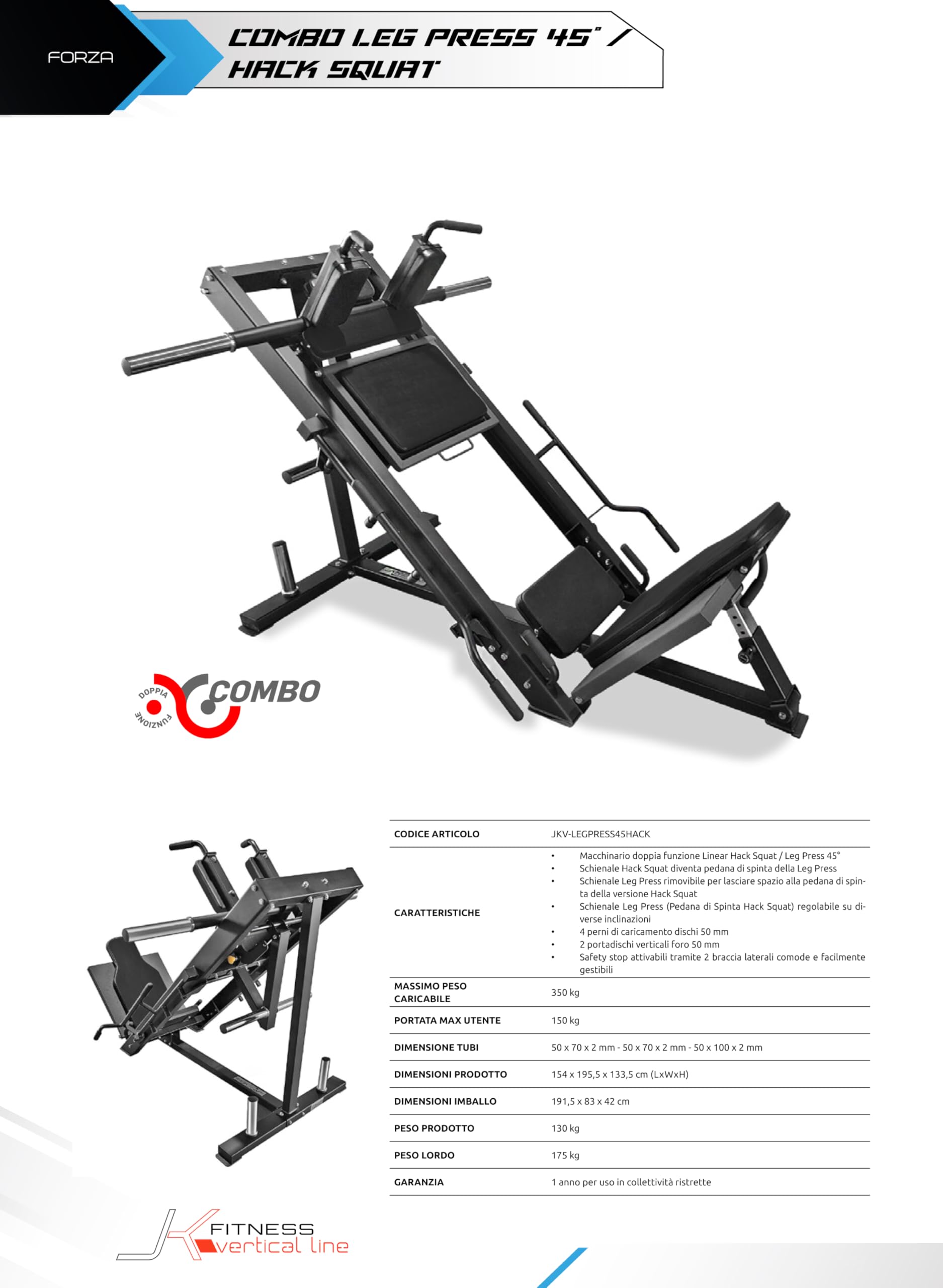 JK Fitness【Combo Leg Press 45° / Hack Squat Professionale】Pressa Gambe-Squat Machine 4 Perni Ø Foro Dischi 50 mm, Carico Max 350 kg, Struttura Acciaio, Salvaspazio Home & Studio Gym