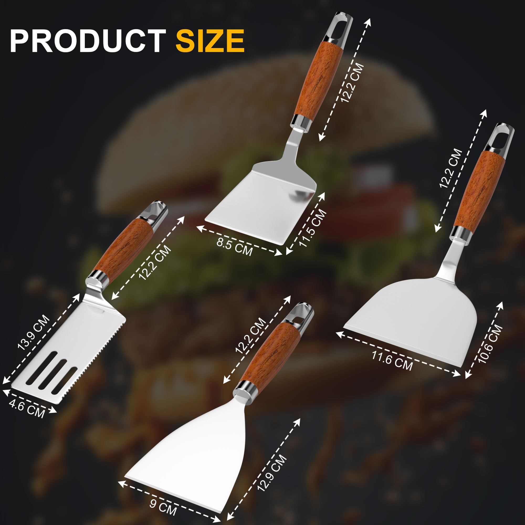 Gimars Set di 4 Spatole Professionali per Barbecue,Palette e Raschietto in Acciaio Inossidabile per Piastra Plancha,Accessori Teppanyaki Smash Burger Kit,Utensili per Griglia Barbecue Pizza