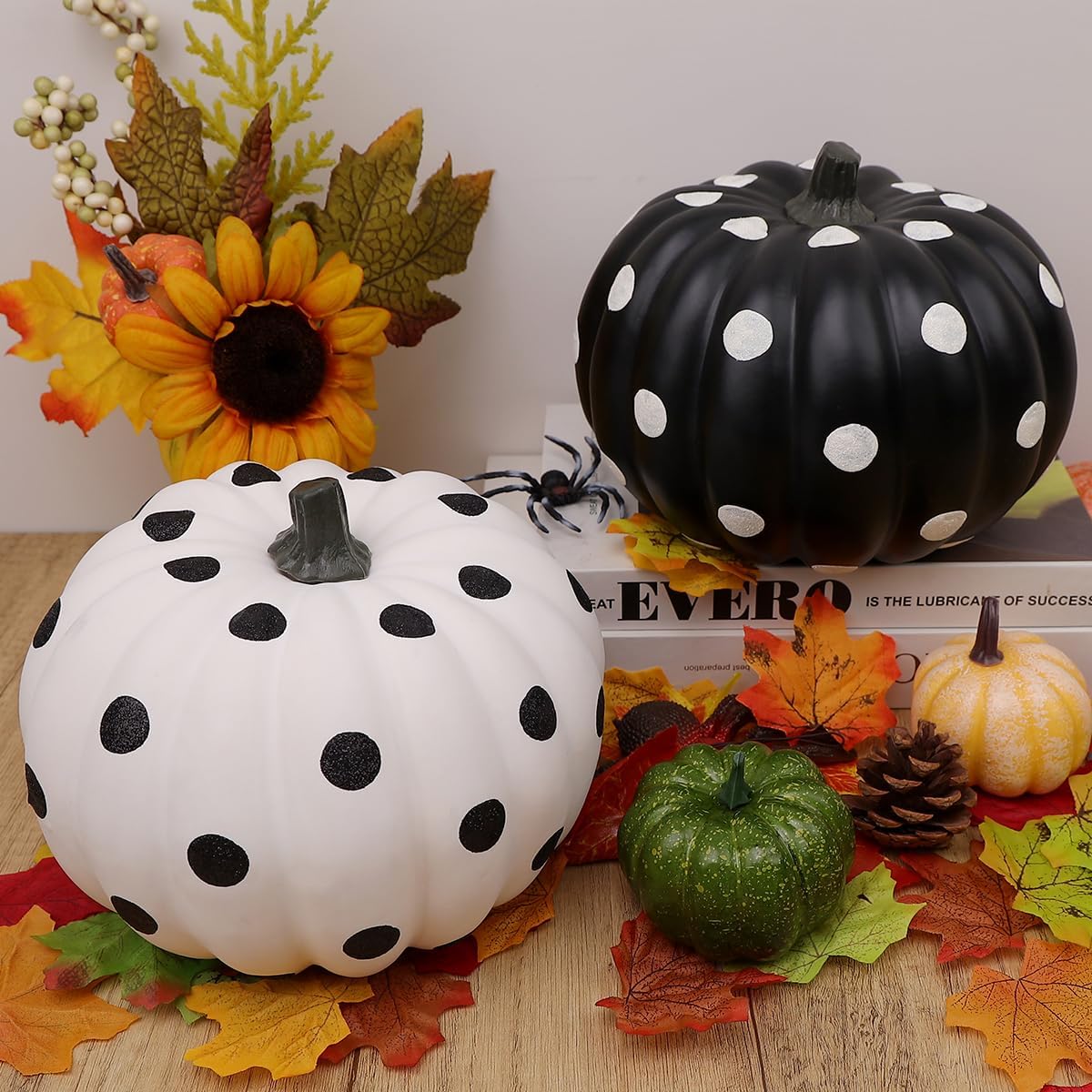 8.2 Inch Foam Pumpkin Black White Fake Pumpkins Craft Pumpkin | Faux Large Pumpkins with Shiny Dots, Perfect for Decorating, Thanksgiving Halloween Fall Harvest Party Wedding Indoor Decor