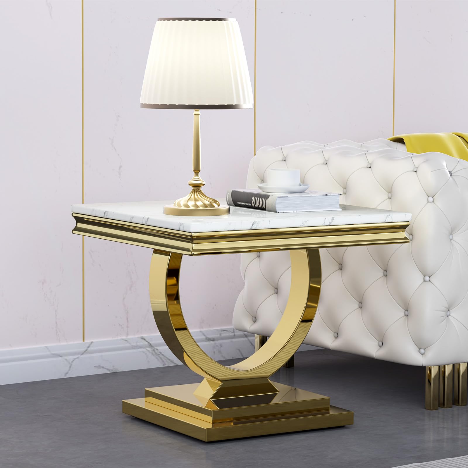 Modern Marble End Table,Luxury White Faux Marble Side Table with Gold O-Shape Stainless Steel Base,Square End Table Bedside Table Lamp Table