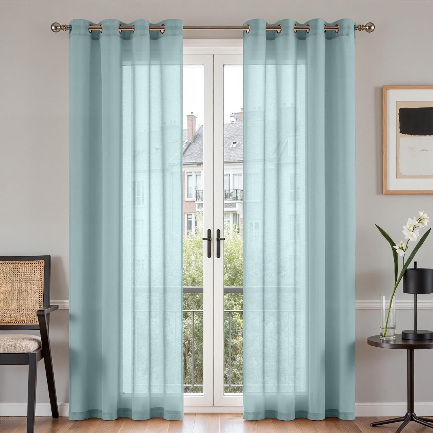 TOPICK Gordijnen met oogjes, effen, gordijnen voor woonkamer, kinderkamer, jongens, slaapkamer, blauw, transparant, doorzichtig, landelijke stijl, moderne raamgordijnen, set van 2, 245 x 140 cm (h x b