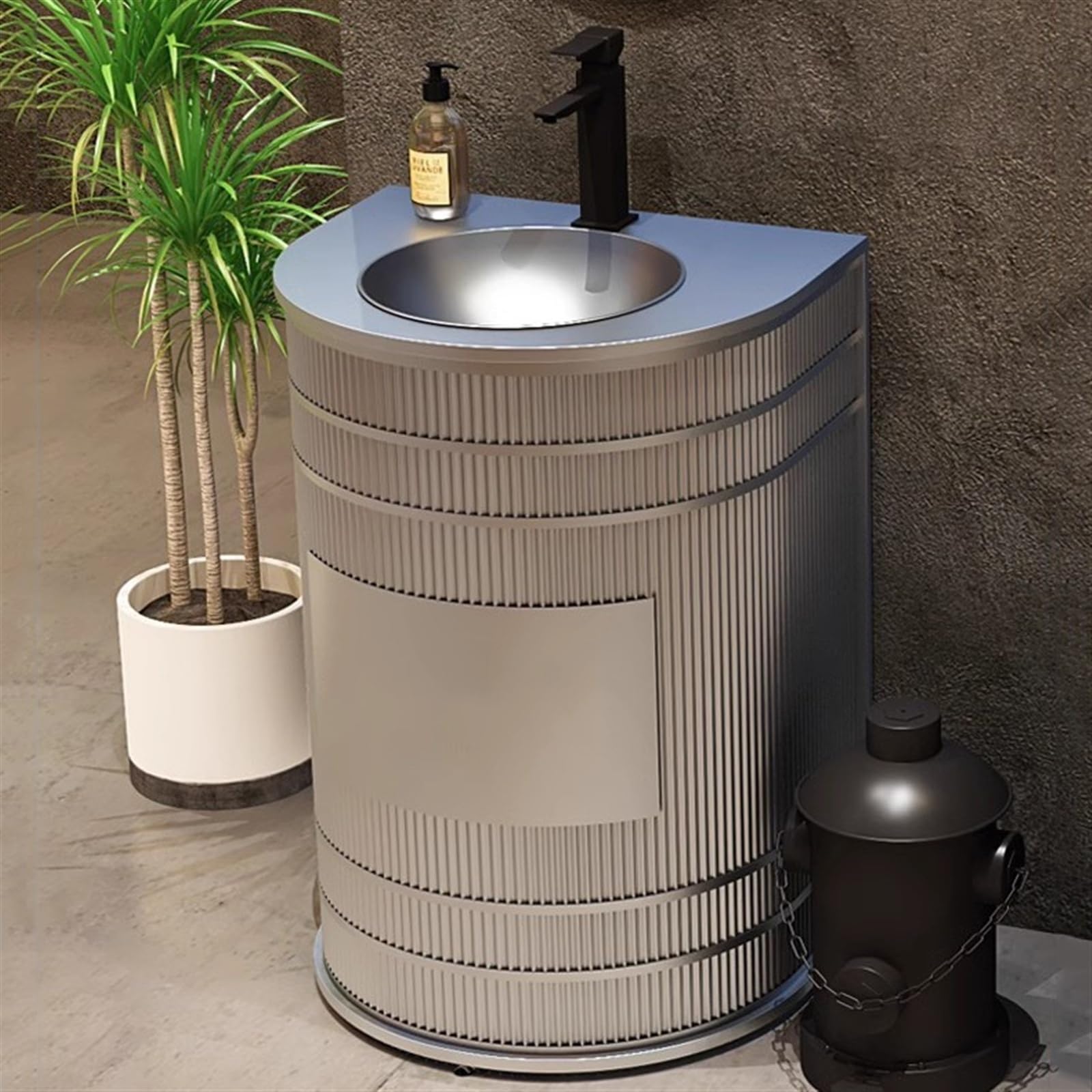 Fregadero de pie independiente con grifo y kit de drenaje, lavabo de metal en forma de D para baño, mueble de tocador de bar de estilo industrial