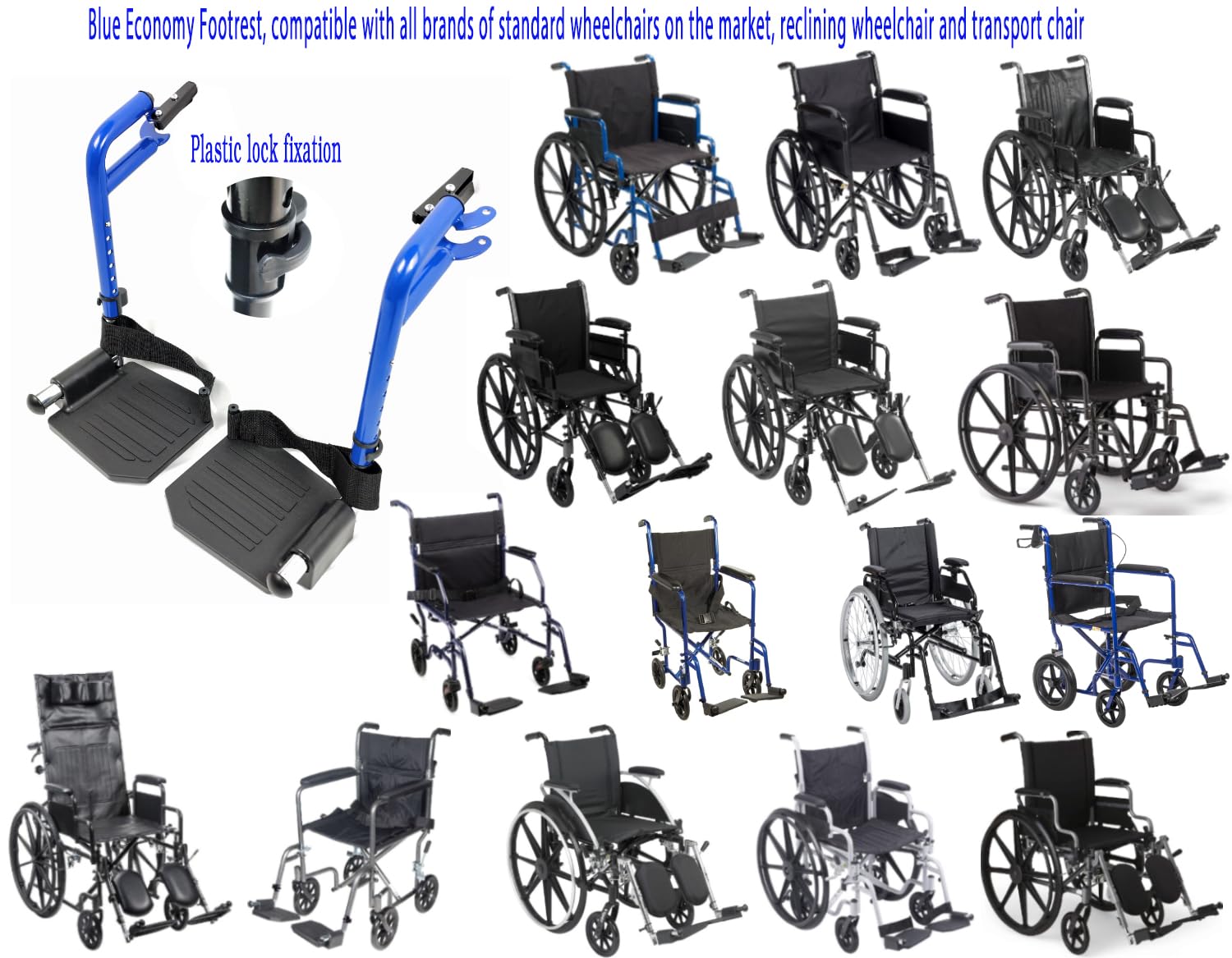 Blue Streak - Reposapiés para silla de ruedas, reposapiés económico para sillas de ruedas y silla de transporte, reposapiés compuestos y trabillas para el talón, reposapiés universales oscilantes, T93