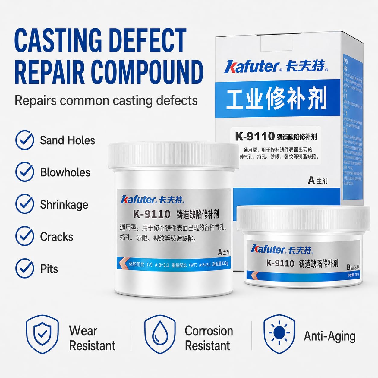 VIDOO 500g Metallkleber Gussfehler-Reparaturepoxid Zwei-Komponenten-Metallreparaturpaste für Sandlöcher AB-Eisenfüller-Masse zur Maschinenbauteil-Versiegelung Metallkleber