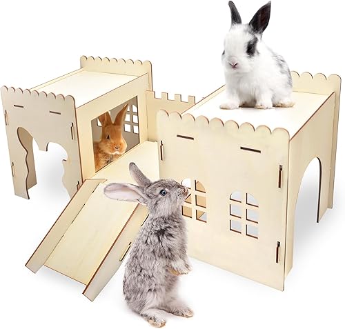 Miniatura 1 de ERKOON Casas grandes para conejos, castillos de conejos, casa de juegos de madera con escaleras, espaciosos hábitats transpirables para hámsters y