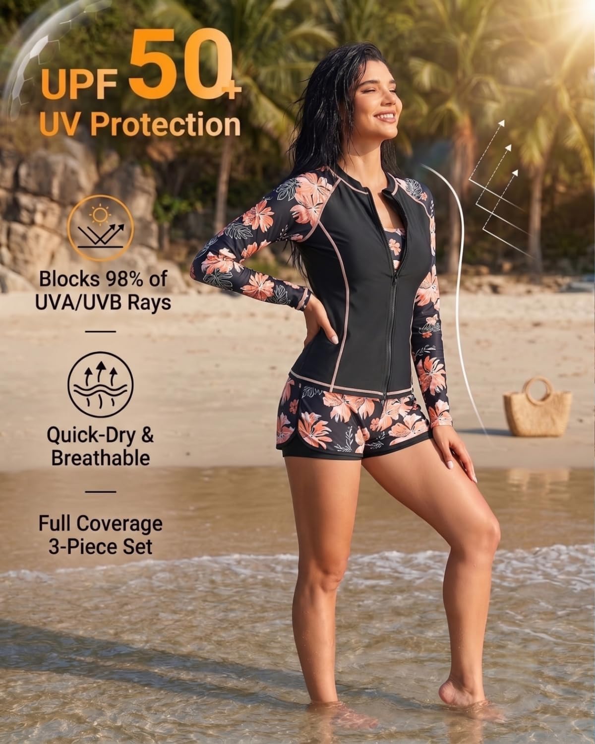 3 Piece Rash Guard for Women - Long Sleeve Swimsuits with Shorts SPF Zip up Swim Shirt with Built in Bra