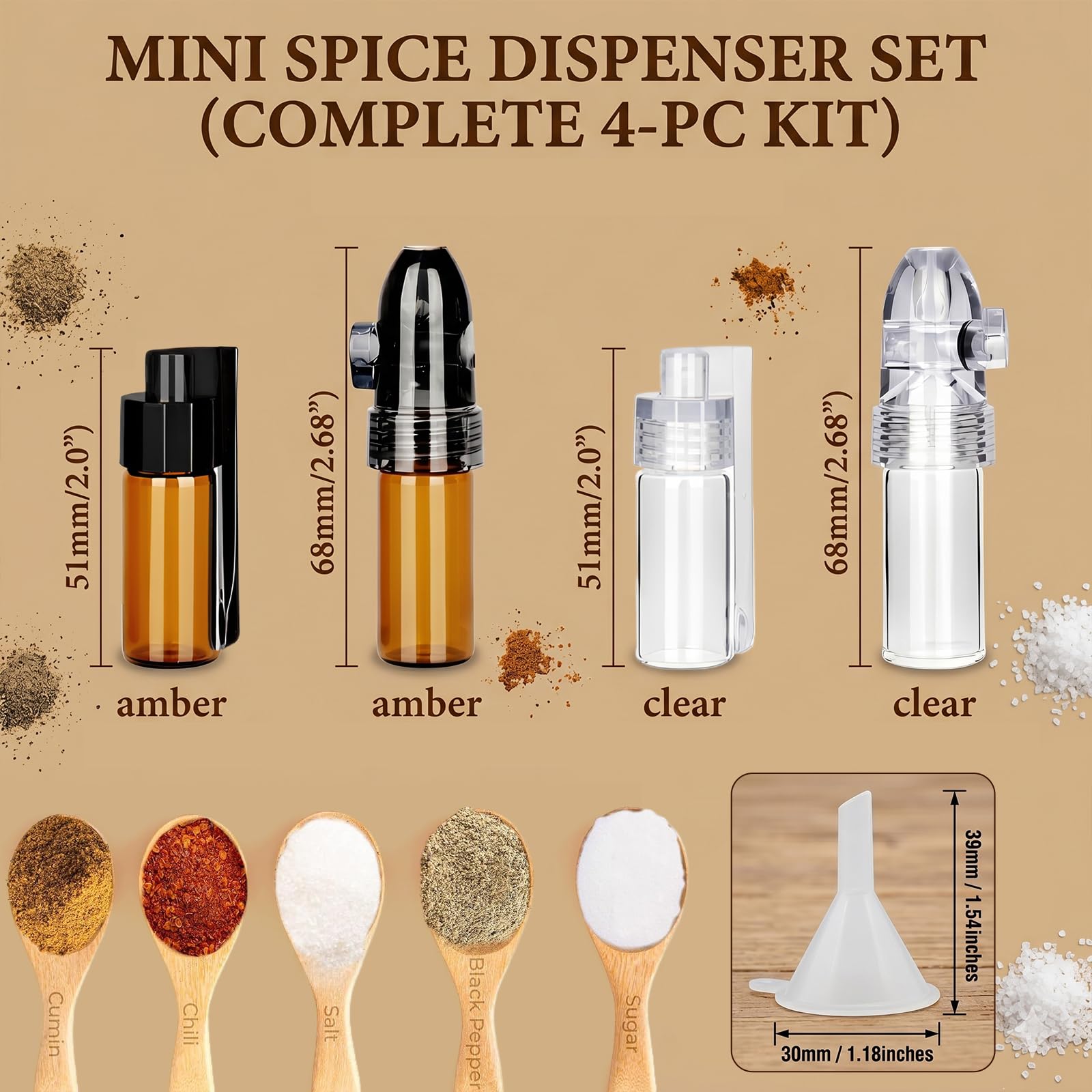 Lot de 4 Distributeurs de Poudre d'Épices avec Cuillère, 2 Bruns et 2 Blancs, Inclus Petit Entonnoir, Flacons de Conservation 51mm et 68mm pour Voyage, Camping et Cuisine