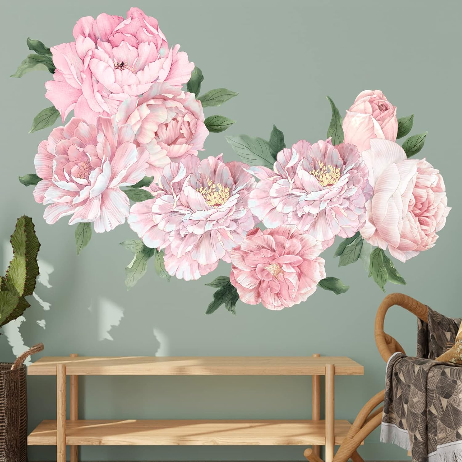 Pink Peony Wall Stickers for Nursery Wall Decor Flowers Wall Decals Peel and Stick Kids Floral Decals for Girls Bedroom Living Room Nursery Wall Decor