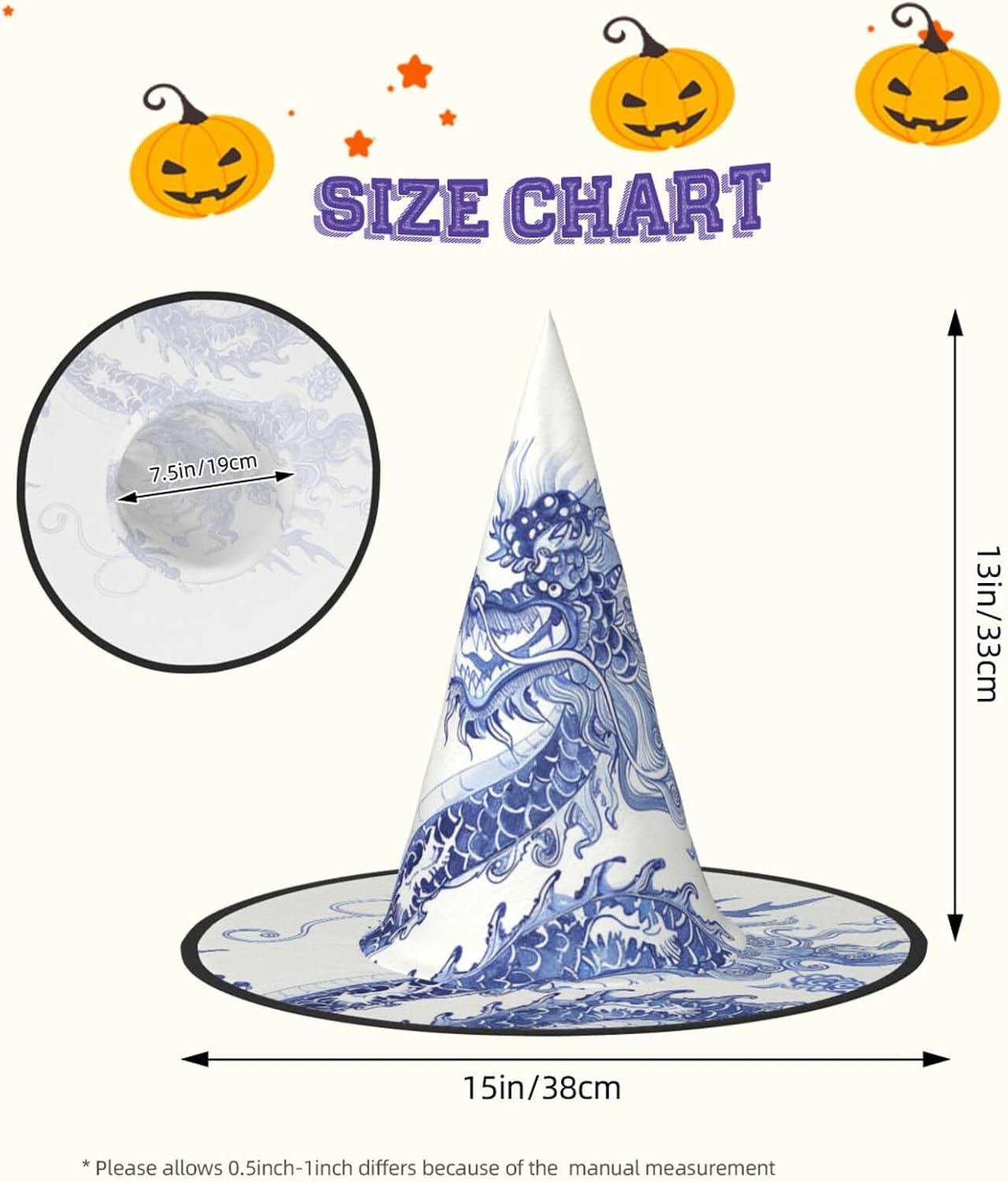Women's Witch Hat Oversized Witches Hats Blue and White Dragon Halloween Wizard Hat Party Cosplay Costume Accessory image 2