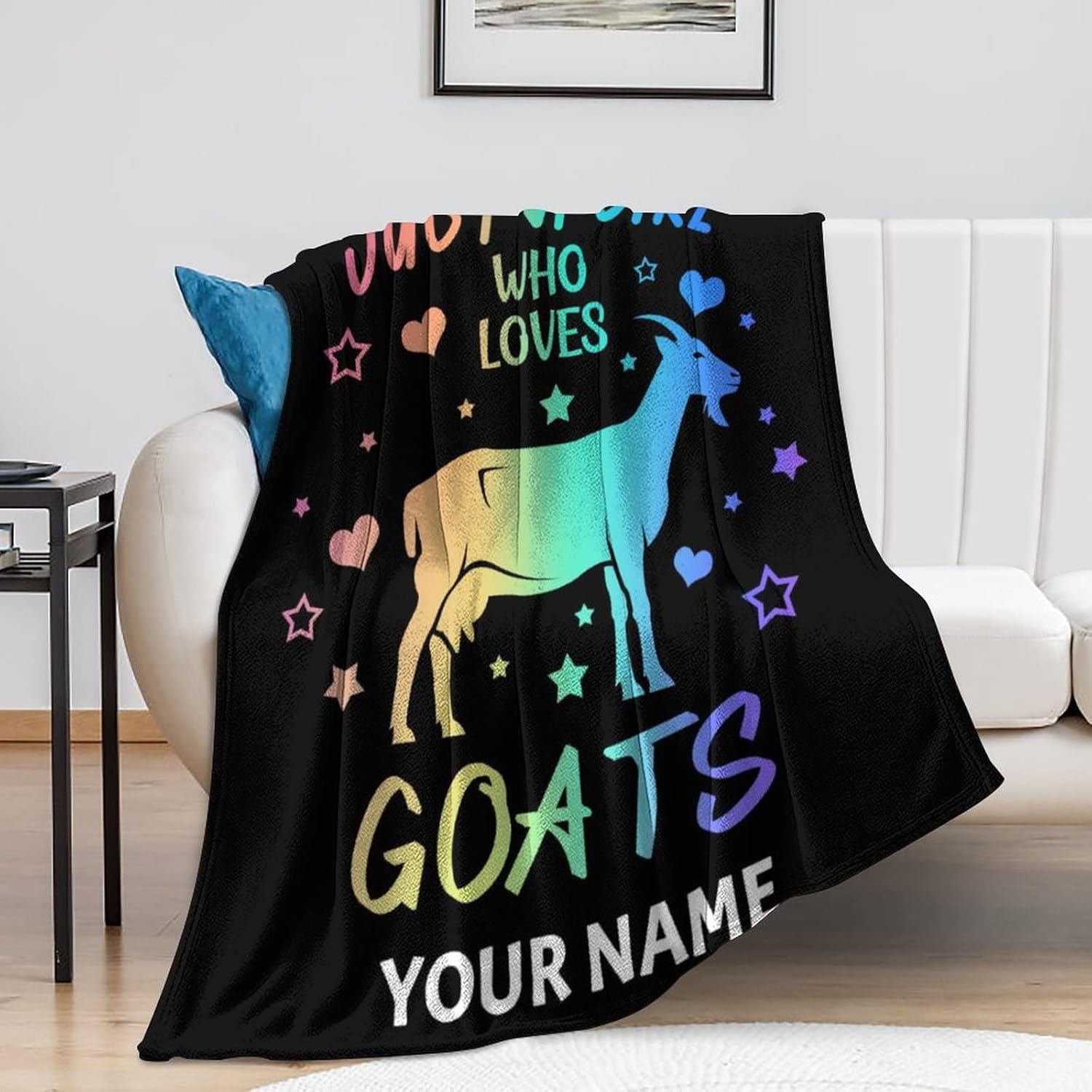 Custom Goat Blanket for Girls - 50x60 Inches Throw Size with Name - Soft Fuzzy Plush Throws Gift - Black Funny Blanket for Bed, Couch, Sofa