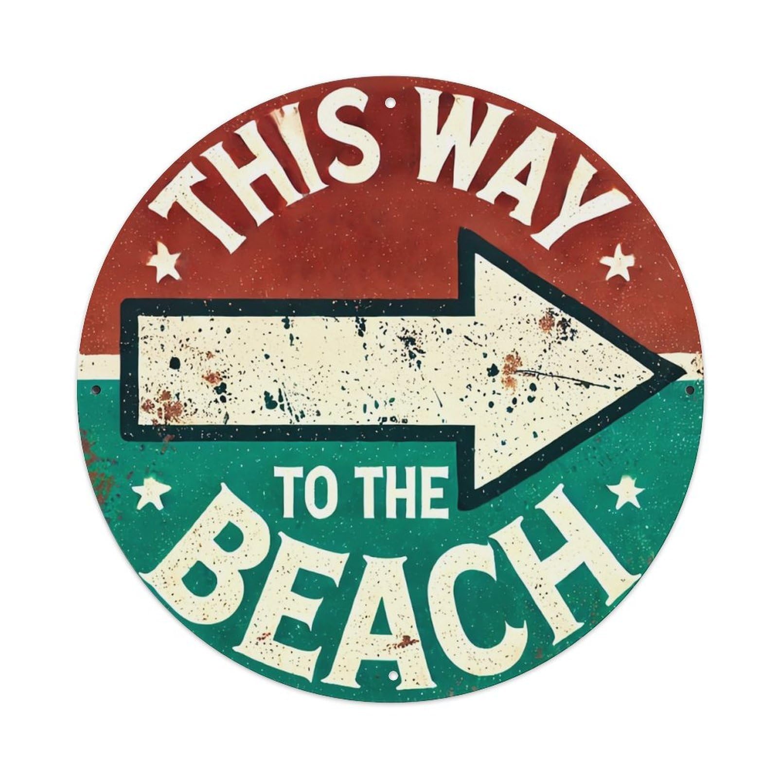 This Way To The Beach_1 Retro Metal Sign Round Tin Sign, Vintage Decor Art Poster for Bar, Home, Man Cave, Kitchen, Laundry Room Gift 8x8Inch