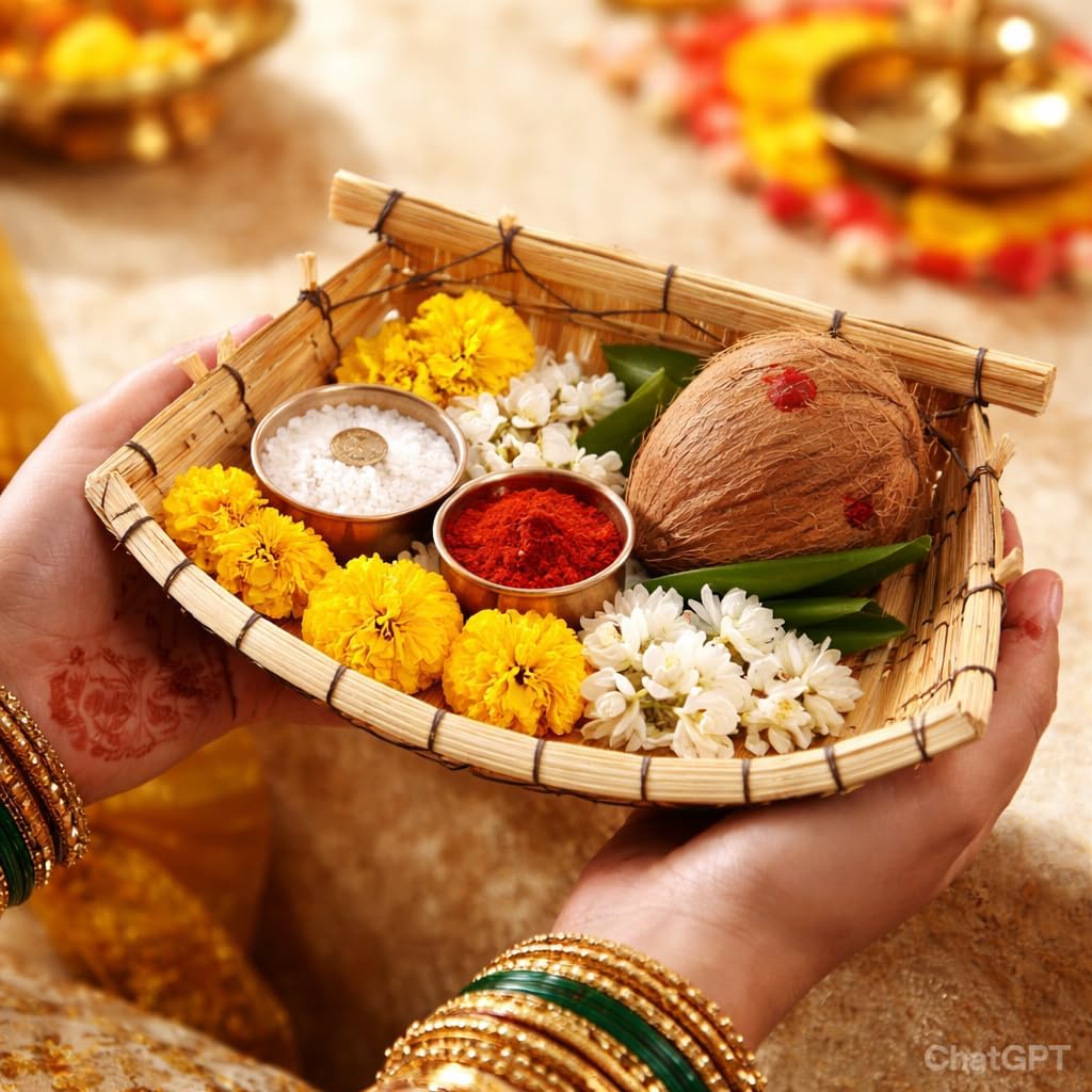 Small Handwoven Bamboo Ceremony Basket Traditional Indian Wedding Chajala for Pooja and Festive Decor