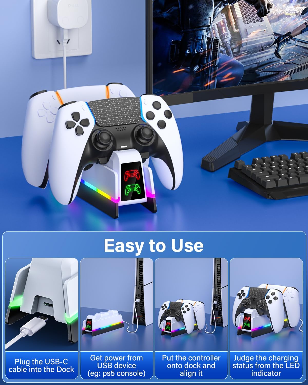 PS5 Controller Charger for PlayStation 5 Dualsense/Edge Controller - 9 Color LED PS5 Charging Station for PlayStation 5 Charger, Charging Dock and Holder Stand for PS5/Slim/Pro Remote Accessorise - Image 7