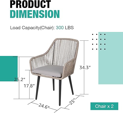 Miniatura 3 de Patiorama Outdoor Dining Chairs, Patio Dining Chair Set of 2, All-Weather Woven Rope Rattan Chairs, Outdoor Dining Wicker Chairs with Armrests for