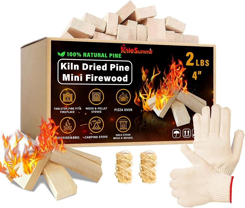 Mini Firewood 4" Kiln Dried Fire Pit Wood for Solo Stove Accessories, Camp Stoves, Tabletop Pits, BBQ Grills & Pizza Ovens 2 lb Box with Fire Starters & Handling Gloves