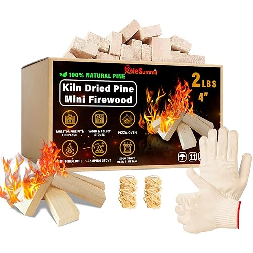 Mini Firewood 4" Kiln Dried Fire Pit Wood for Solo Stove Accessories, Camp Stoves, Tabletop Pits, BBQ Grills & Pizza Ovens 2 lb Box with Fire Starters & Handling Gloves