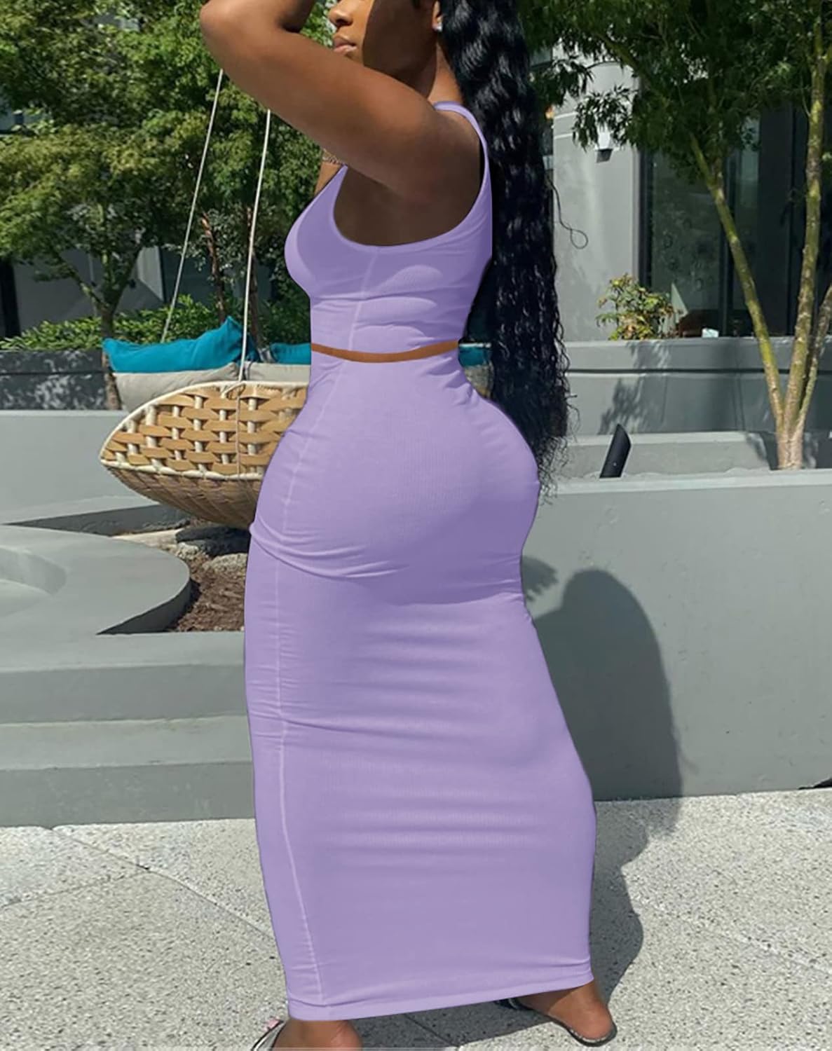 Womens Sexy Summer Scoop Neck Ribbed 2 Piece Outfits Dress Crop Tank Top Maxi Long Skirt Set Beach Party Dress - Image 2