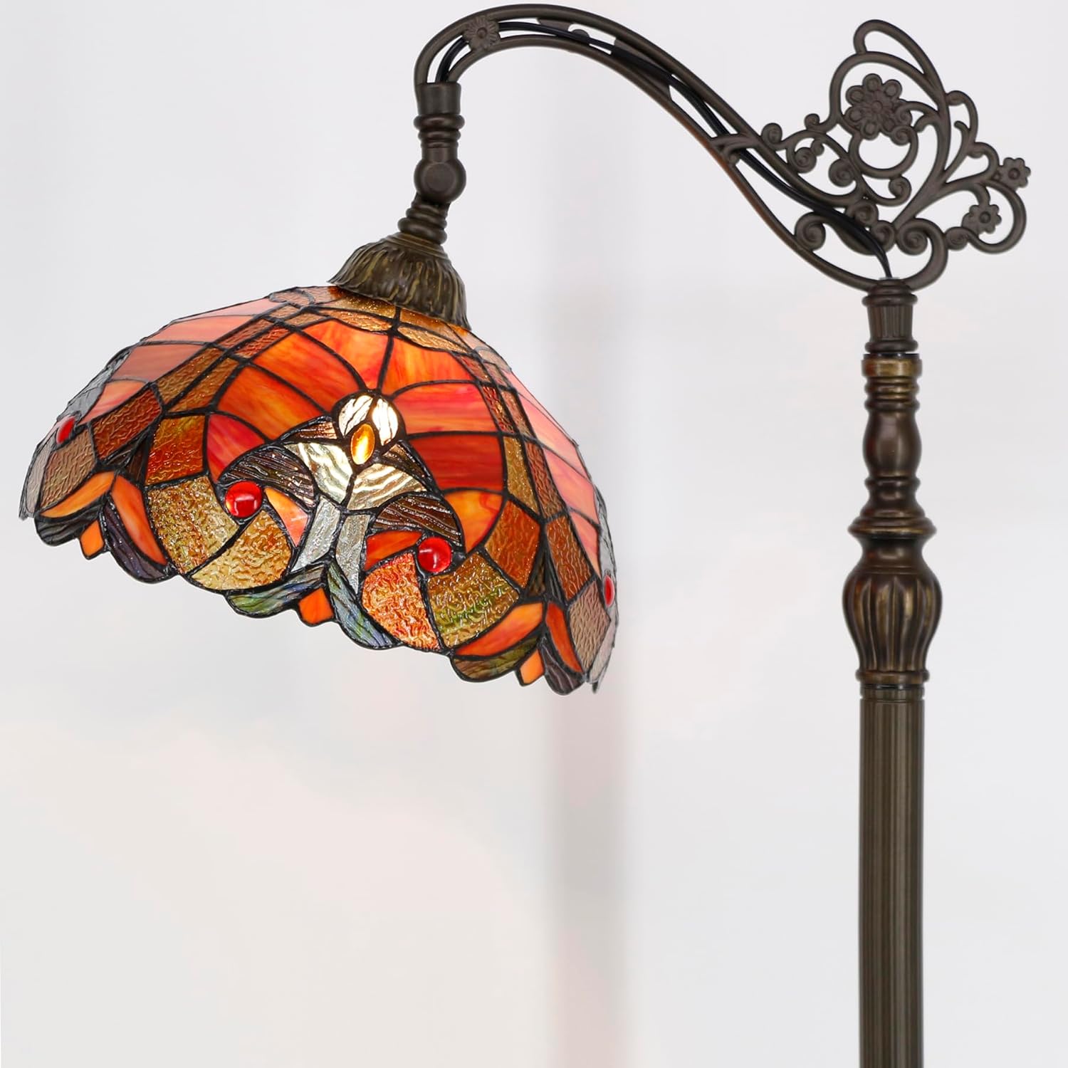 WERFACTORY Tiffany Floor Lamp Red Liaison Stained Glass Arched Lamp 12X18X64 Inches Gooseneck Adjustable Corner Standing Reading Light Decor Bedroom Living Room S160R Series