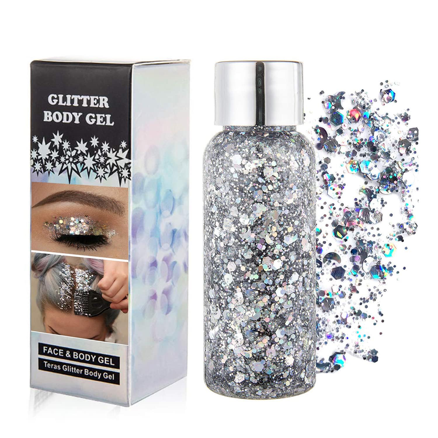 Glitter Body Gel, con lustrini, per festival, prodotto cosmetico per viso, capelli, unghie; trucco di lunga durata, sfavillante, 30 g