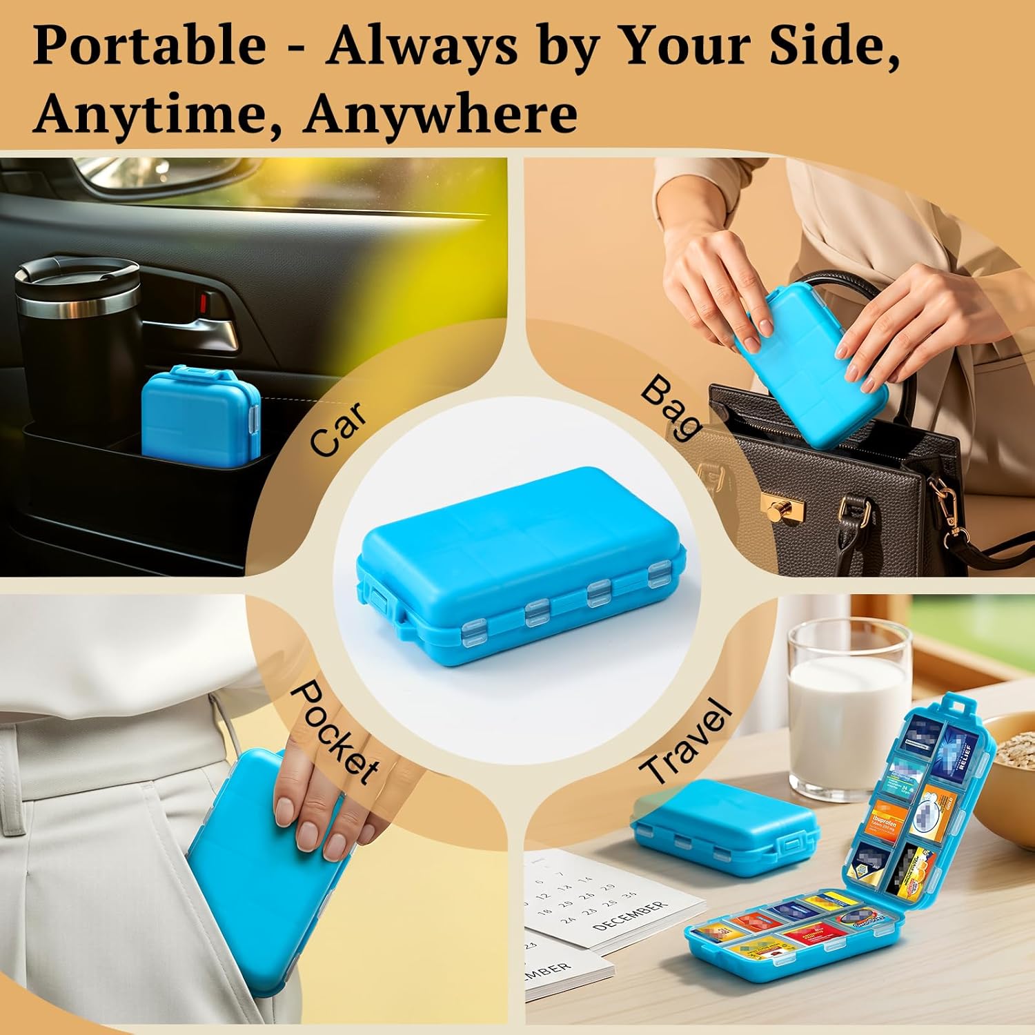 Travel Pill Organizer with Bulk Stickers & Labels - Small & Portable Week Daily Medicine Pharmacy for Pocket, Bag - 14-Compartment Foldable Supplement Box Holder for Fish Oil Vitamin - Blue