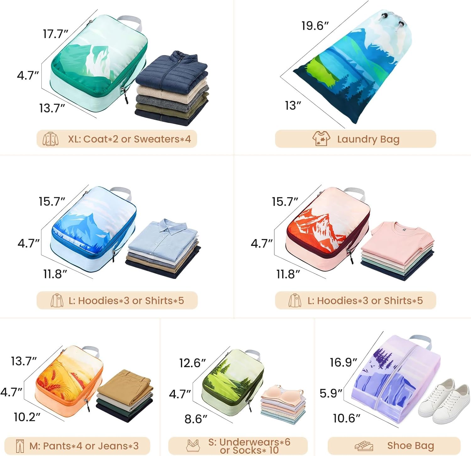 7 Set Compression Packing Cubes for Travel - Compressible/Expandable Luggage Organizer Bags Set, Double Zipper Packing Organizer for Suitcase, Lightweight Travel Essentials Accessories