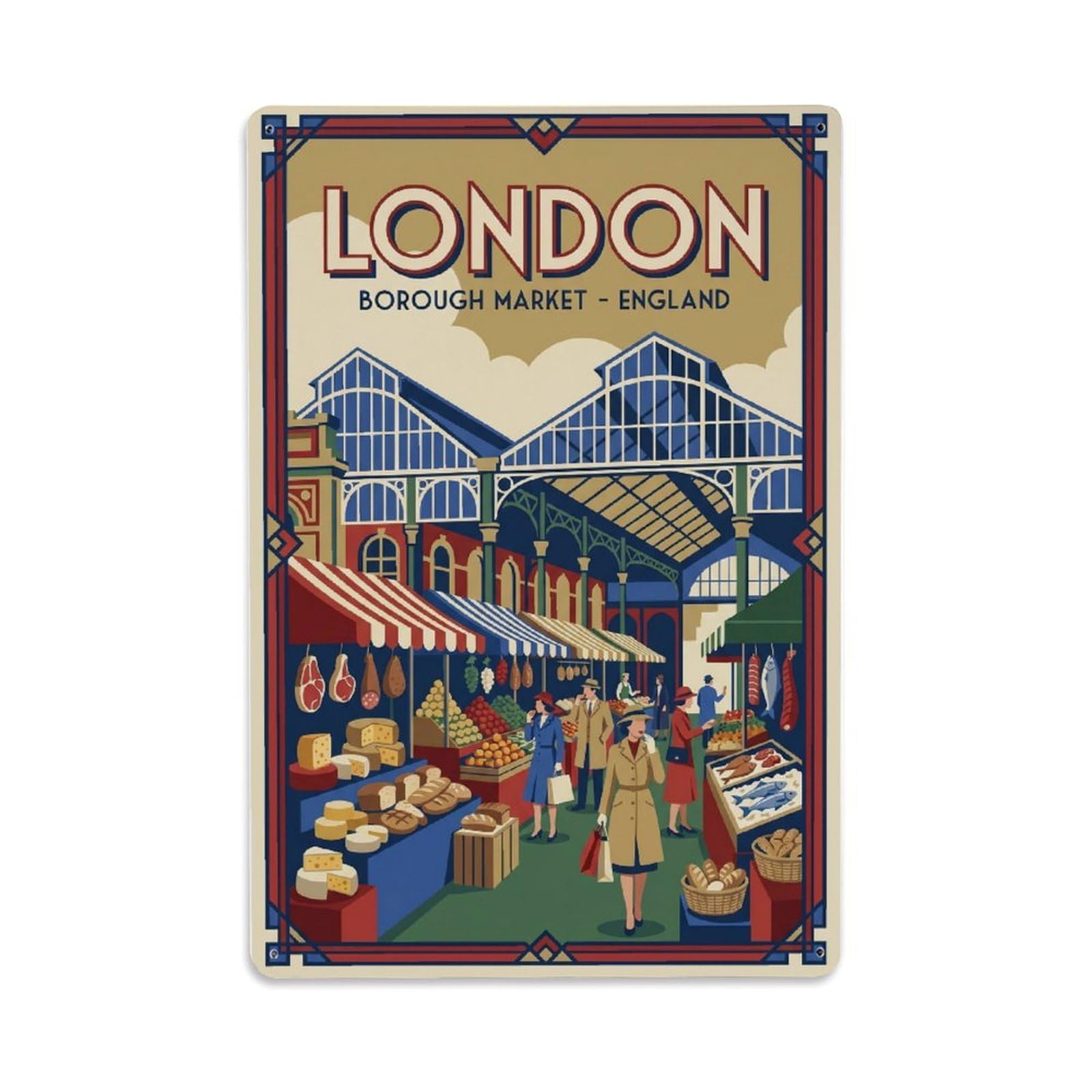 Vintage Travel London Borough Market Food Hall Clean England Metal Tin Sign Plaque Wall Decor for Cafe, Club Bar, Office, Home Garden Metal Poster 8x12Inch