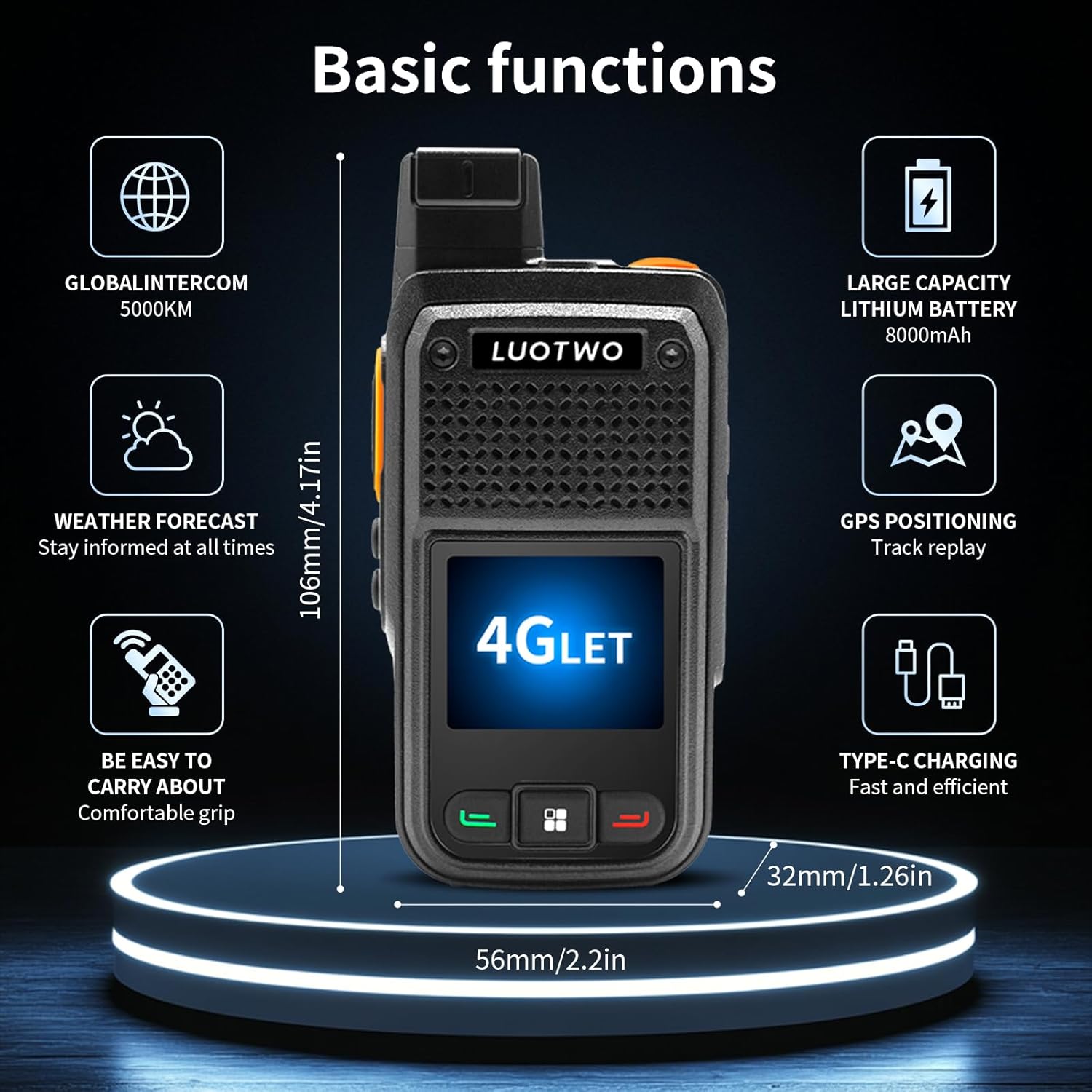 Diagram illustrating the basic functions and dimensions of the LUOTWO W500 walkie talkie, including global intercom, weather forecast, large capacity battery, GPS positioning, comfortable grip, and Type-C charging.