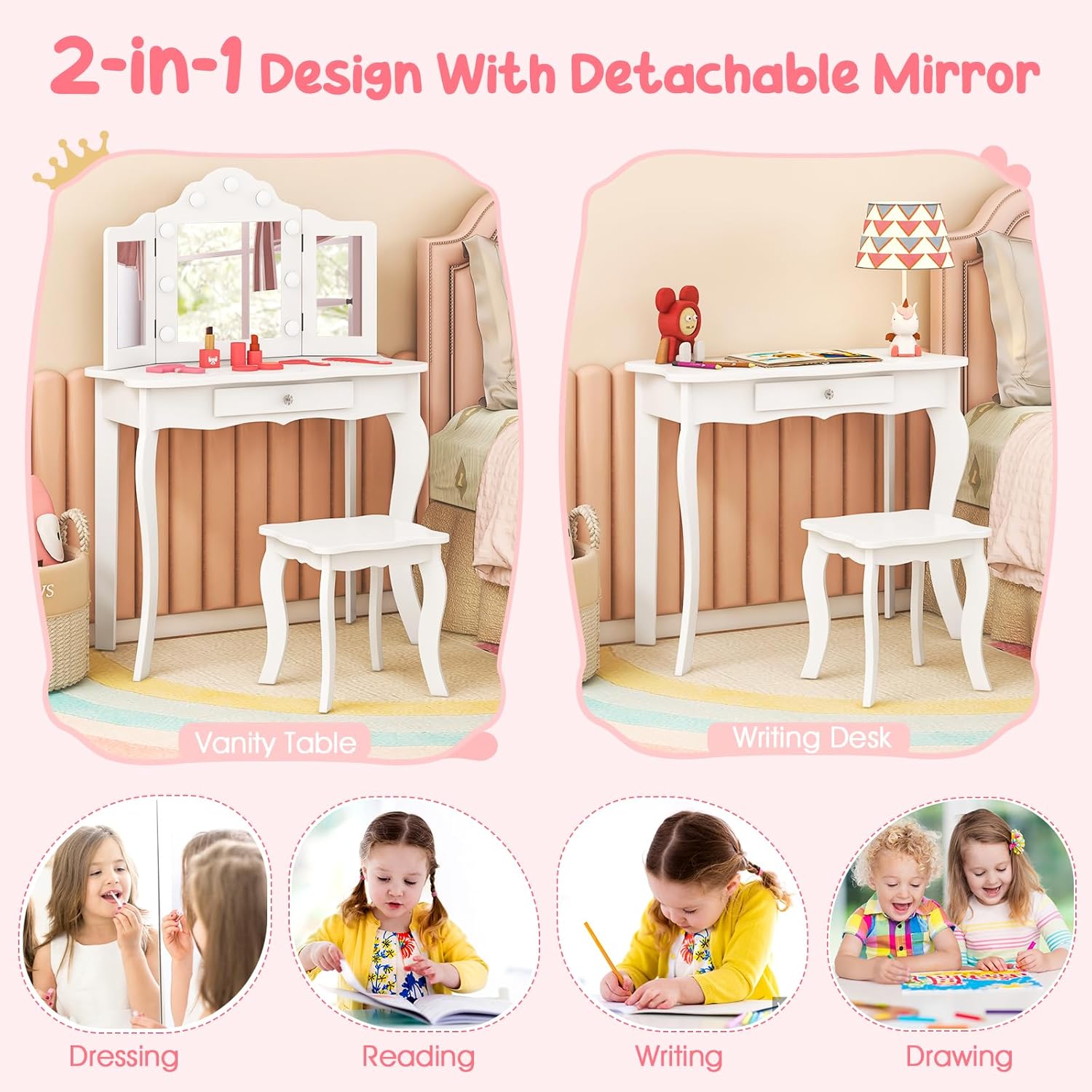 HONEY JOY Kids Vanity Set with Lighted Mirror, 2 in 1 Princess Toddler Dressing Table w/Tri-Fold Mirror & Drawer, Wooden Makeup Table & Chair Set, Pretend Play Vanity Set for Little Girls (White)