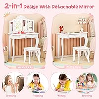 Vista 4 de HONEY JOY Juego de tocador para niños con espejo iluminado, 2 en 1, mesa de vestir para princesas, con espejo de tres hojas y cajón, juego