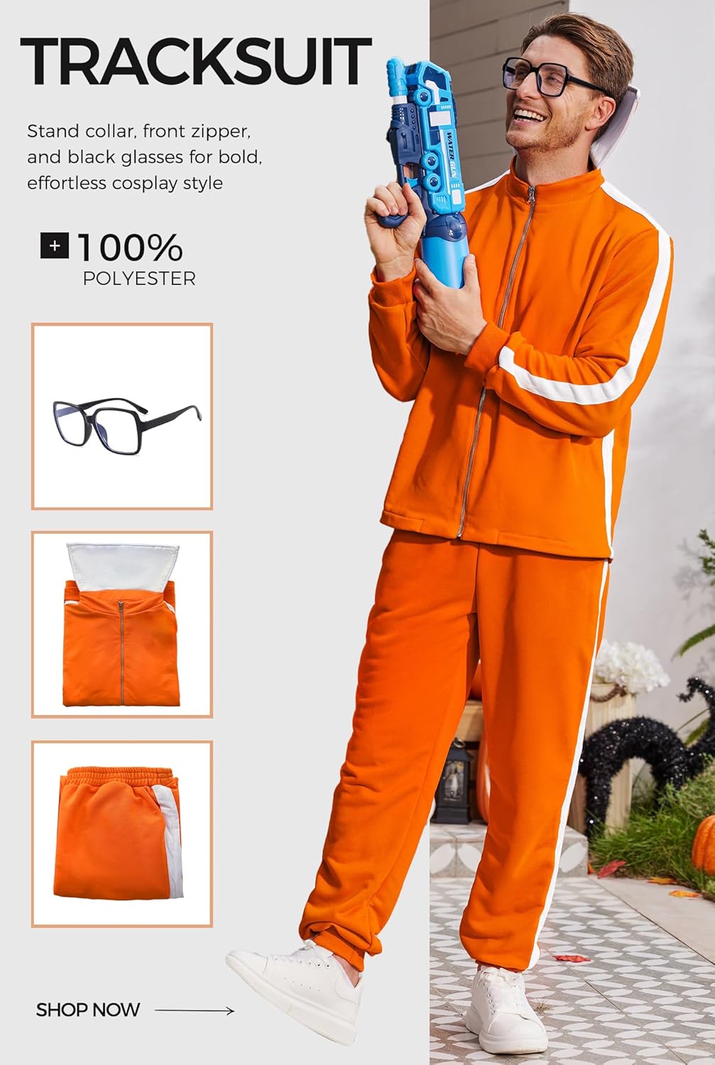 Arvilhill 3 Pcs Men's Inventor Villain Costume Halloween Party Adult Orange Sports Suit With Pants Glasses (S-3XL) - Image 6