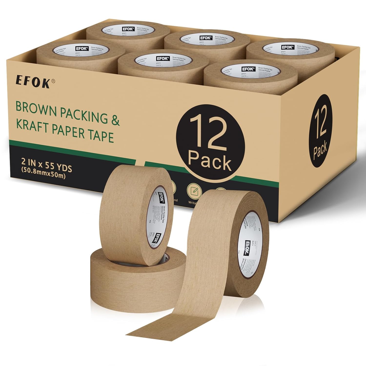 EFOK 12 Rolls Brown Packing Tape 2 Inch Bulk, 2025 Upgrade Kraft Paper Packaging Tape, 2 Inch x 55 Yards, Cardboard Shipping for Packing Boxes, Tear by Hand for Express Parcels & Office Use