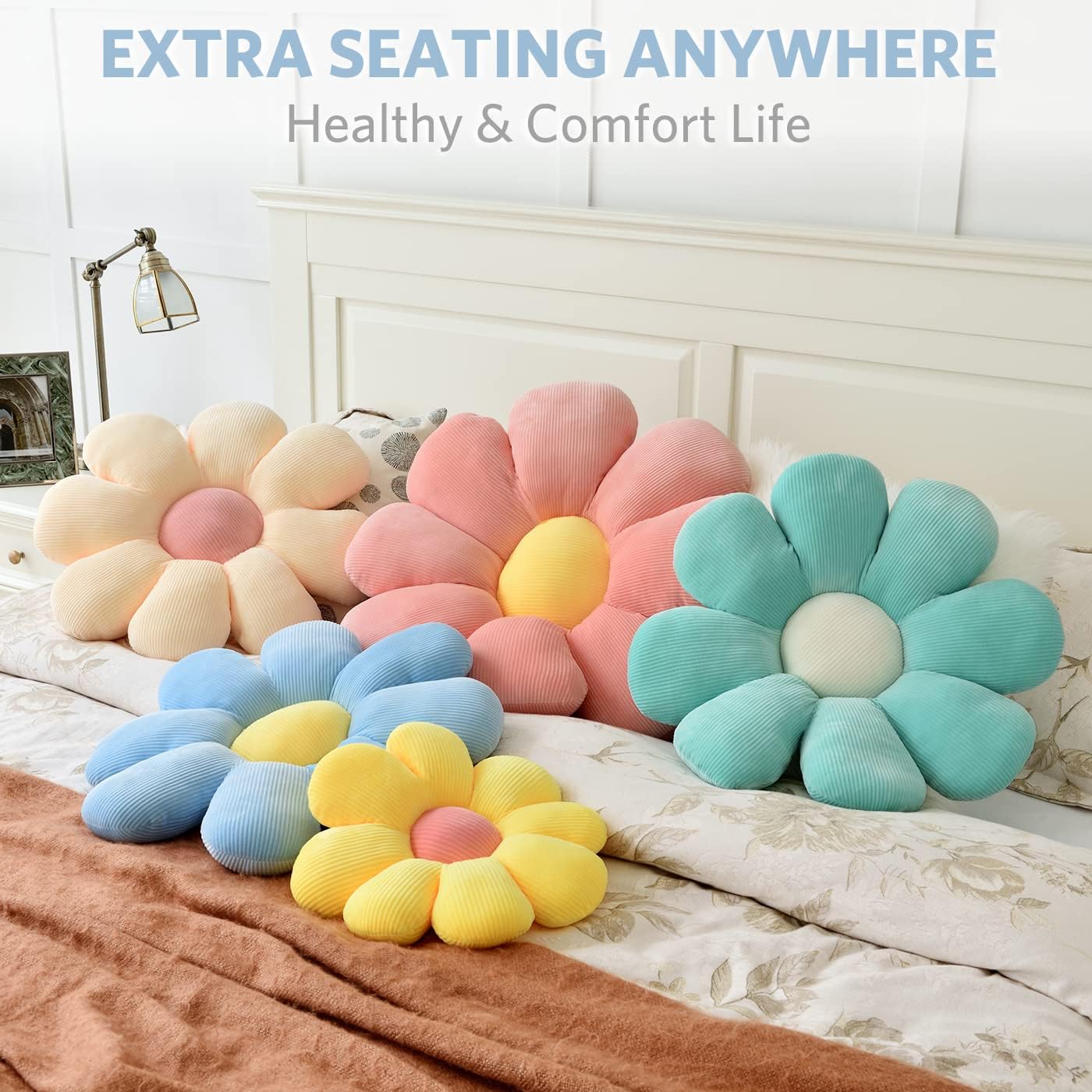 Sioloc Flower Pillow Shaped Throw Pillow Butt Cushion Floor Pillow,Seating Cushion,Cute Room Decor & Plush Pillow for Bedroom Sofa Chair(Blue,15.7'') - Image 2