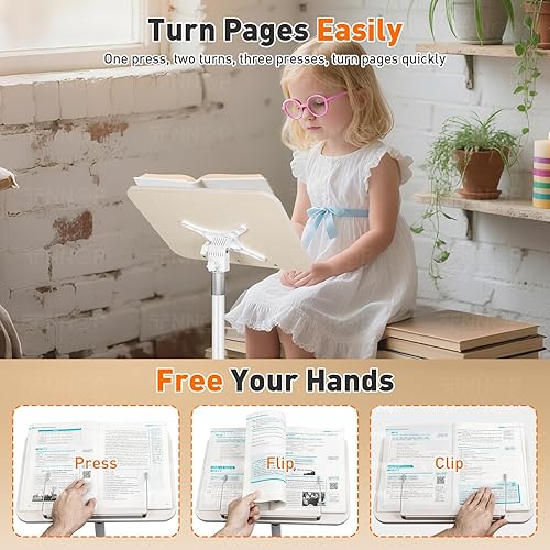 Miniatura 6 de Soporte de pie para libros, plegable para leer con clips de página, altura ajustable de 19 a 51 pulgadas, soporte de podio resistente para lectura,