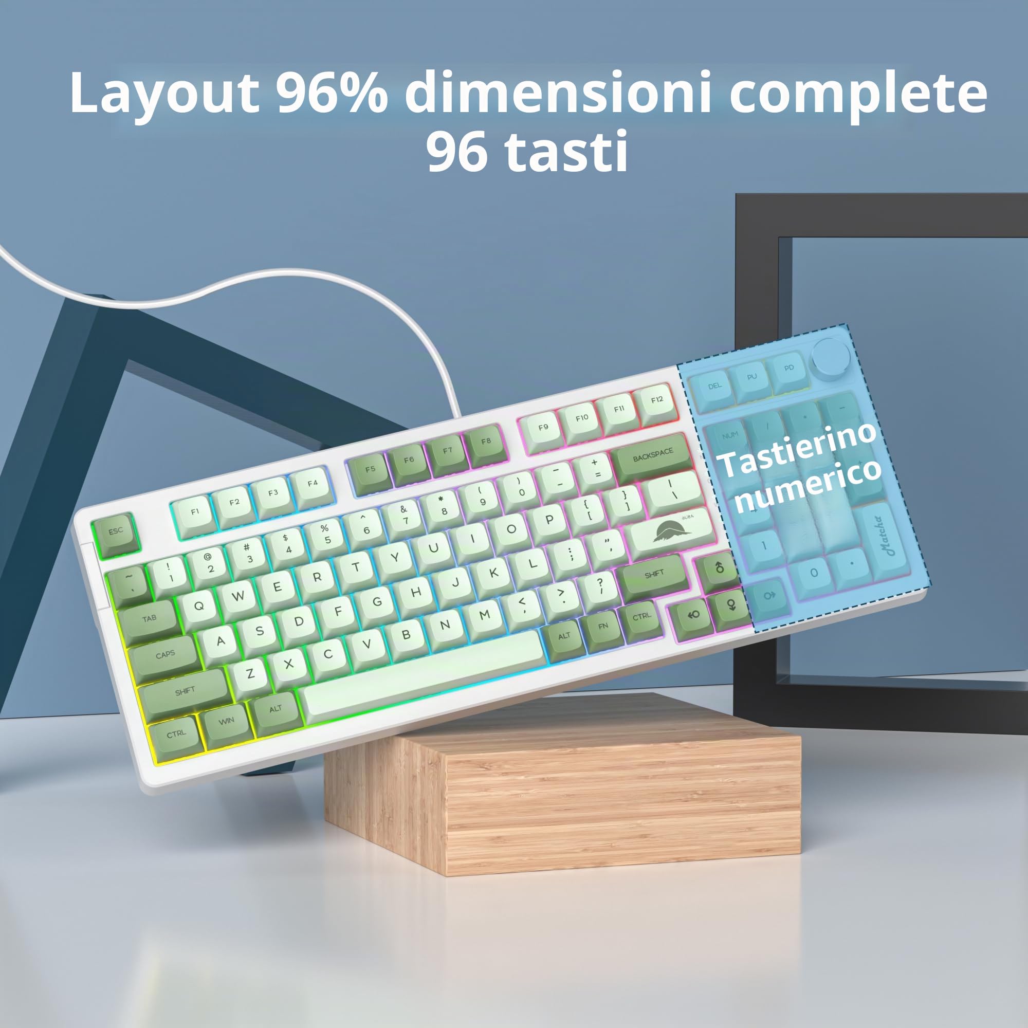 Verde Tastiera Meccanica 96% con Suono Cremoso e Tastierino Numerico, Montaggio a Guarnizione, Retroilluminazione RGB, Hot Swappable, Cablata, Gioco Tastiera Thocky QWERTY Americana