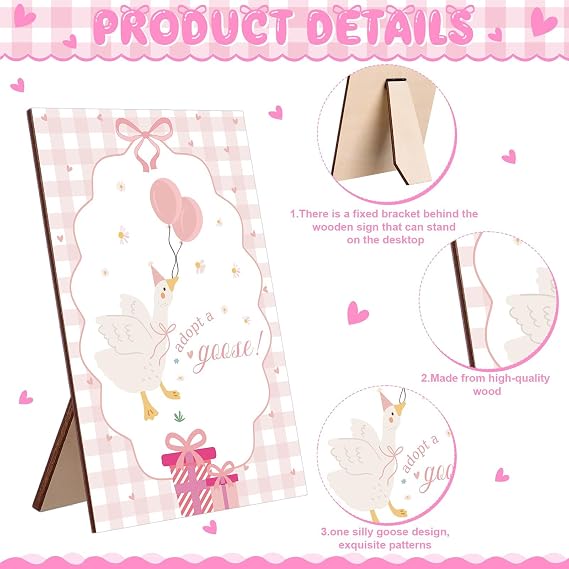 10Set One Silly Goose Birthday Decor 1st Baby Shower Party Favor 15.7 Inch White Geese Plush Stuffed Animal with Mini Party Hats Wood Table Decoration Greeting Cards Pink Ribbons for Guest Gifts