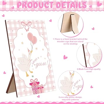 10Set One Silly Goose Birthday Decor 1st Baby Shower Party Favor 15.7 Inch White Geese Plush Stuffed Animal with Mini Party Hats Wood Table Decoration Greeting Cards Pink Ribbons for Guest Gifts