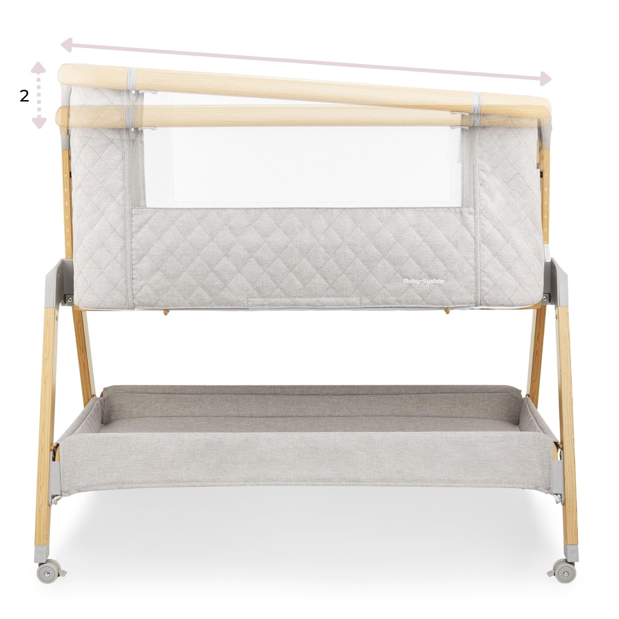 Moby-System Dreemy Lit SupéRieur 3 en 1 - Berceau Pliable avec Couffin Bebe - Hauteur 7 Niveaux, roulettes Transport, ÉTagère sous Lit - pour Enfants jusqu'à 9 kg