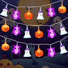 Gcstnn Halloween Lichterkette Dekorationen, 3M 20LED Orange Kürbis Fledermaus Geist Lichterketten Batterie mit Timer, für Halloween Thema Party, Karneval, Veranda, Fenster, Dekoration
