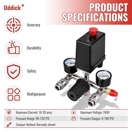 Miniatura 6 de Interruptor de control de presión del compresor de aire con válvula de control regulador de manómetro,Piezas del compresor de aire del regulador del
