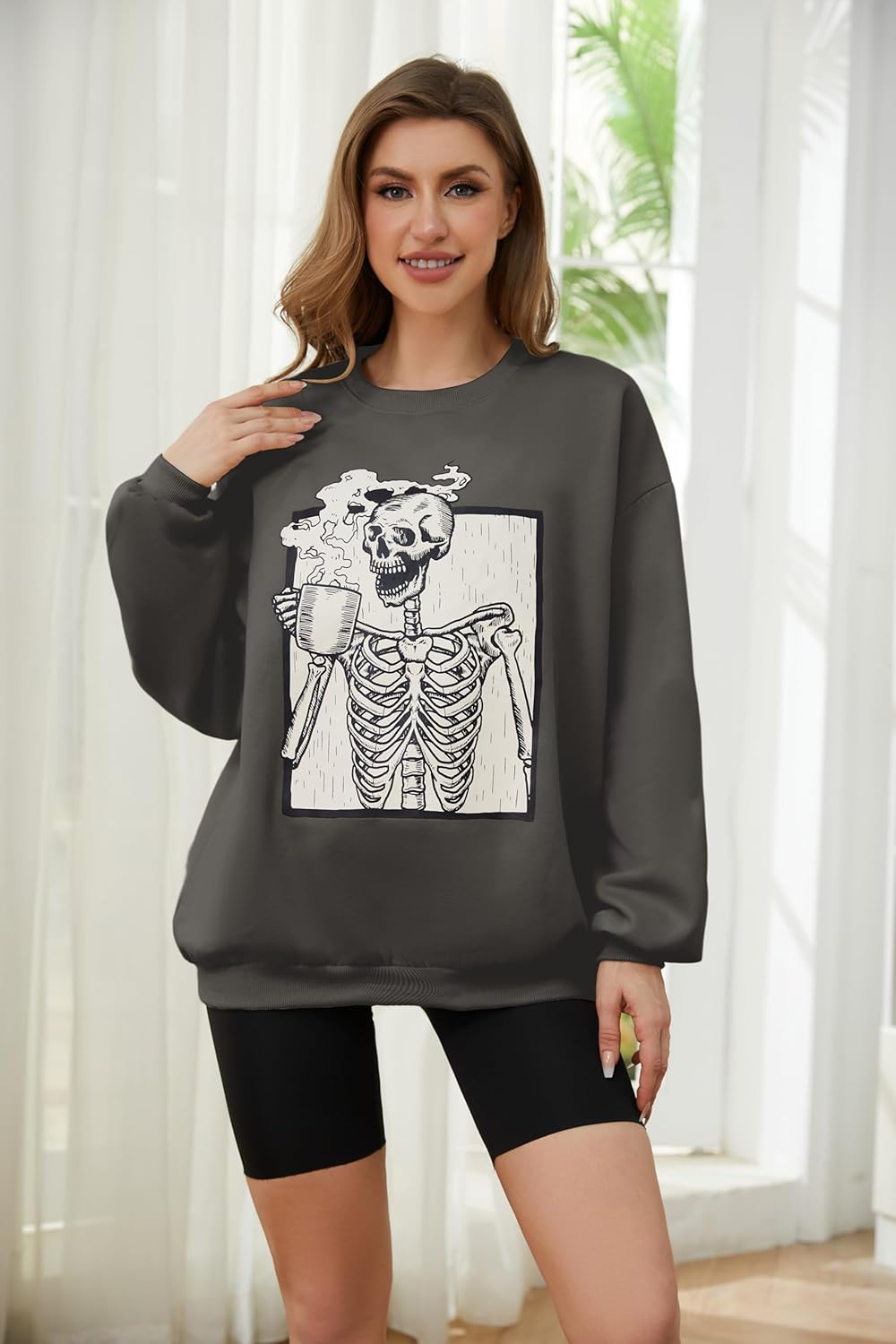Meladyan Halloween Skull Graphic Print Fleece Oversized Sweatshirt Crewneck Long Sleeve Drop Shoulder Pullover - Image 2