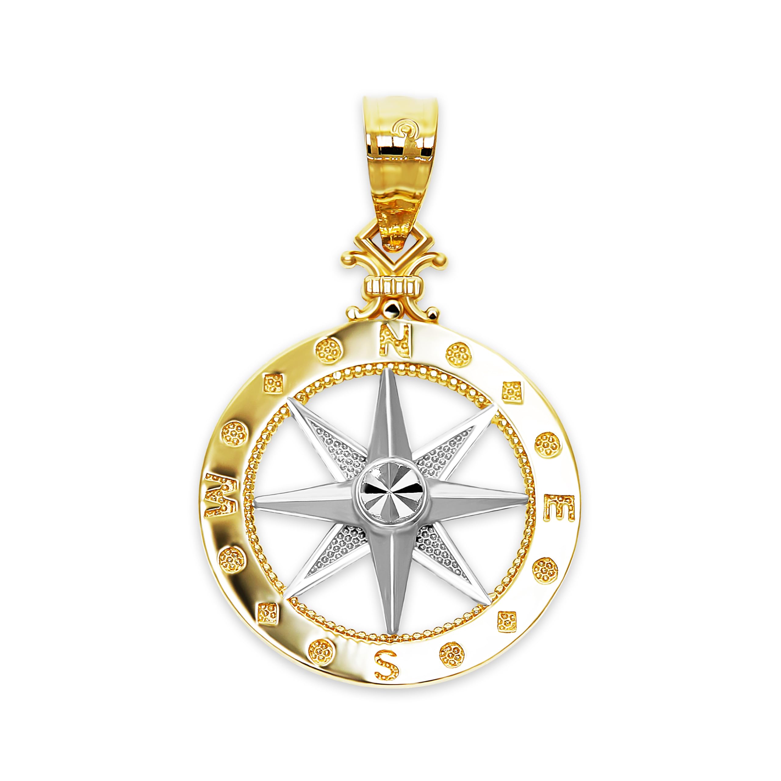 Gold Two-Tone Compass Charm - 10 Karat Solid Gold - Nautical Jewelry Pendant