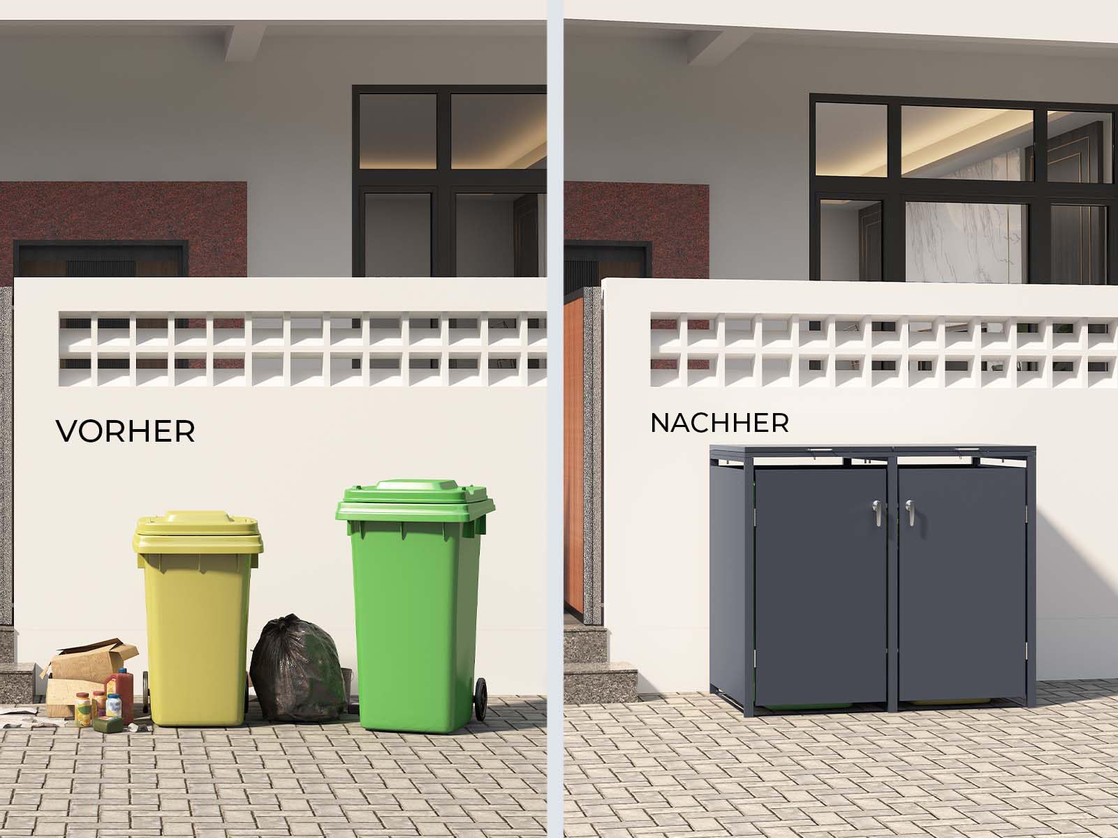 SCHARTEC® Mülltonnenbox 2er in anthrazit Einhandbedienung & erweiterbar 240l Mülltonnenverkleidung Mülltonnen Sichtschutz Unterstand