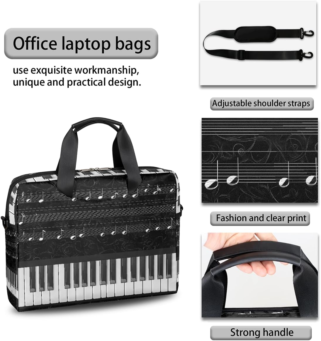 Piano Keys Music Notes Laptop Bag 16 Inch, Slim Business Briefcase for Men Women, Shoulder Bag with Handle & Detachable Strap, Work Office Computer Messenger Bag