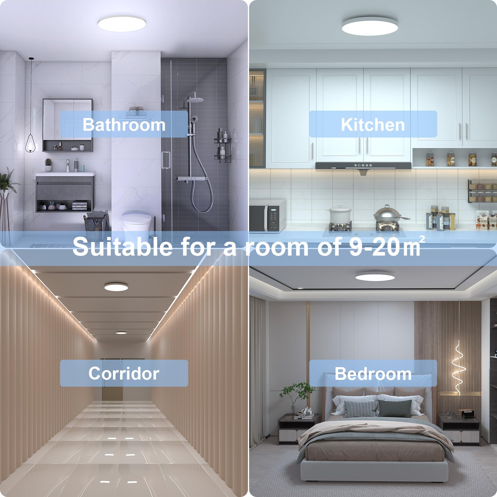 Plafonnier LED, 24W 2400LM Luminaire Plafonniers LED, 6500K Blanc Froid, IP44 Plafonniers Salle de Bain Rond, pour Salon, Toilette, Garage, Cuisine, Chambre, Couloir, Ø28cm