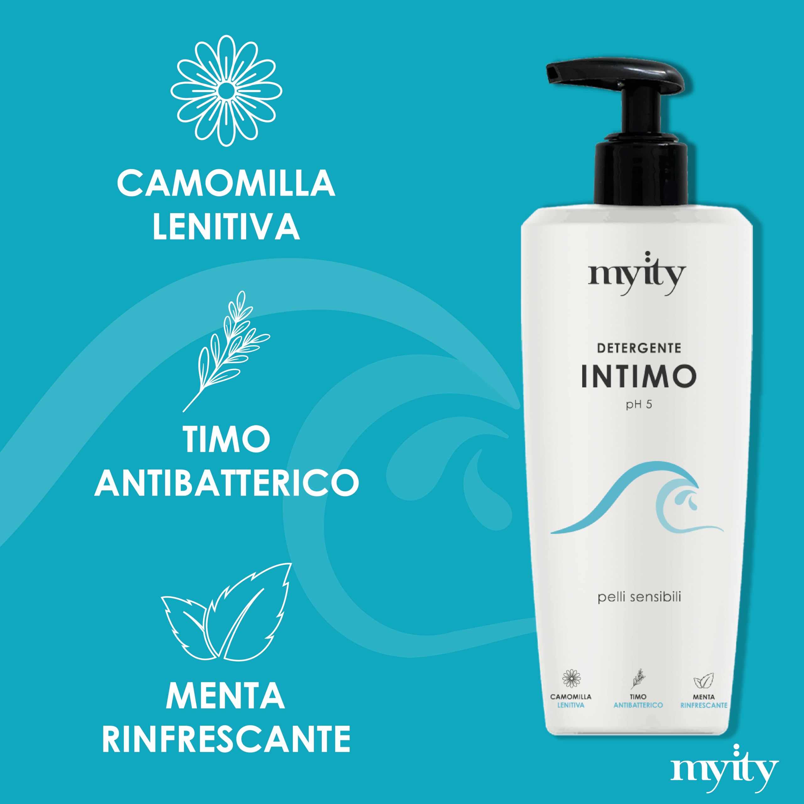 Detergente Intimo Myity pH 5 per Pelli Sensibili e Intolleranti - Delicato e Lenitivo, Azione Antibatterica e Rinfrescante - Naturale, Senza Profumo, Vegano, Nichel Tested