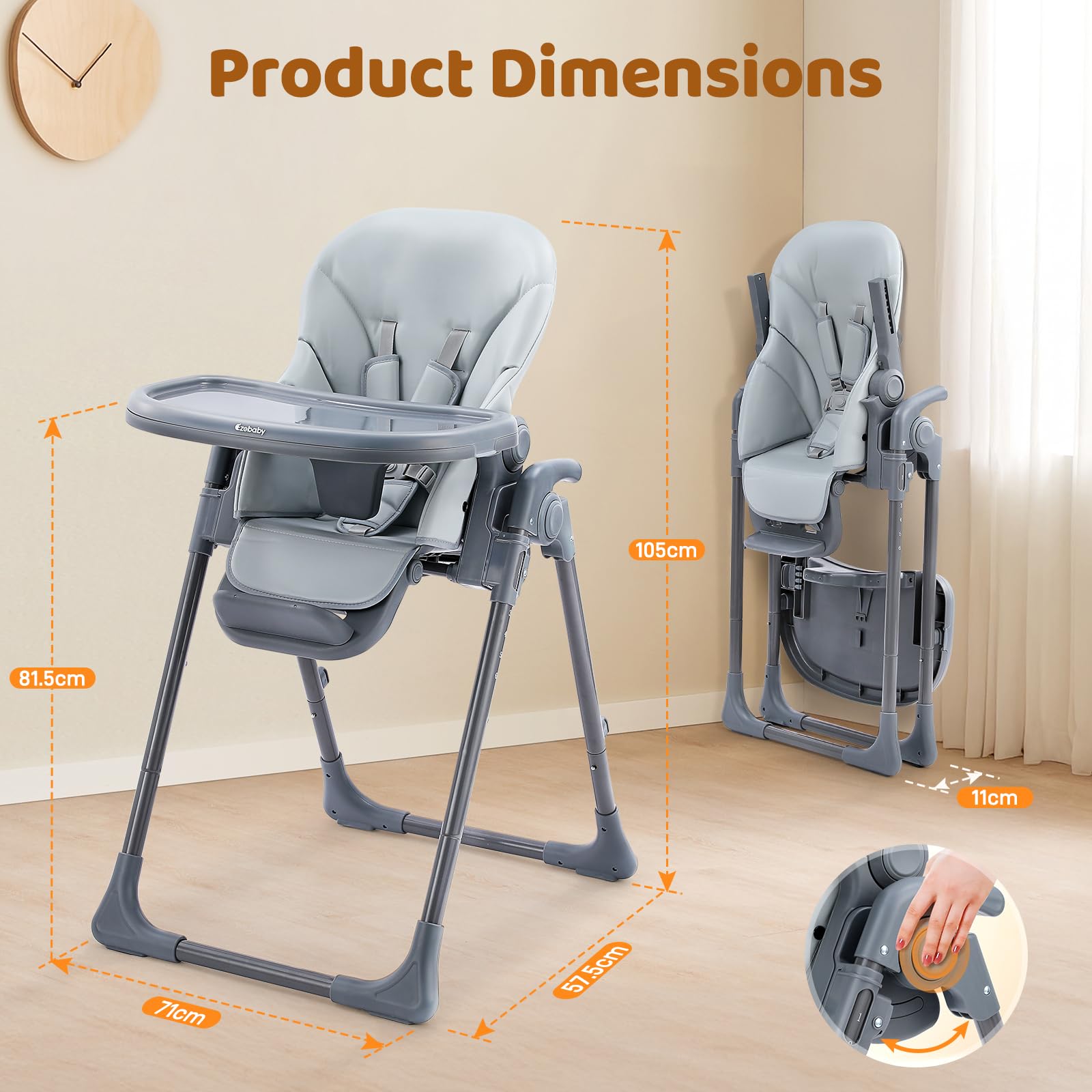 Hochstuhl Baby Klappbar Kinderstuhl 6 Höhen Kinderhochstuhl Kombihochstuhl Babyhochsitz Verstellbare Rückenlehne (Grau)